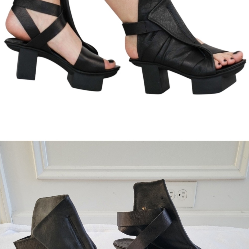 Trippen Turbo Block Heel Cutout Strappy Ankle Platform Black Leather Sandals